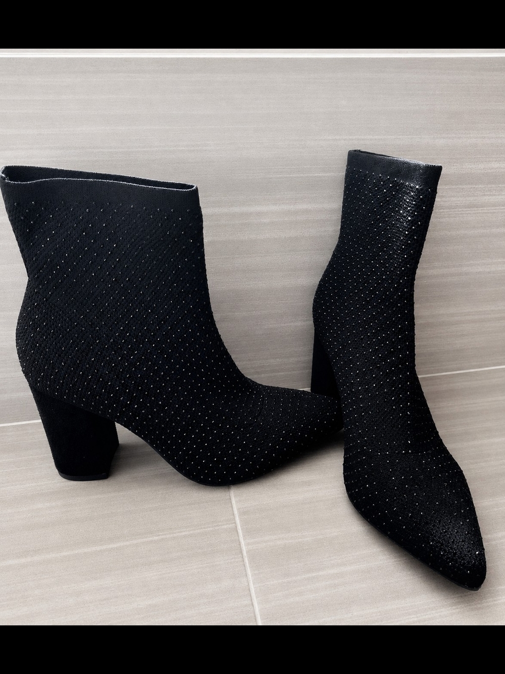 Black Rhinestone Stretch Sock Booties - Women